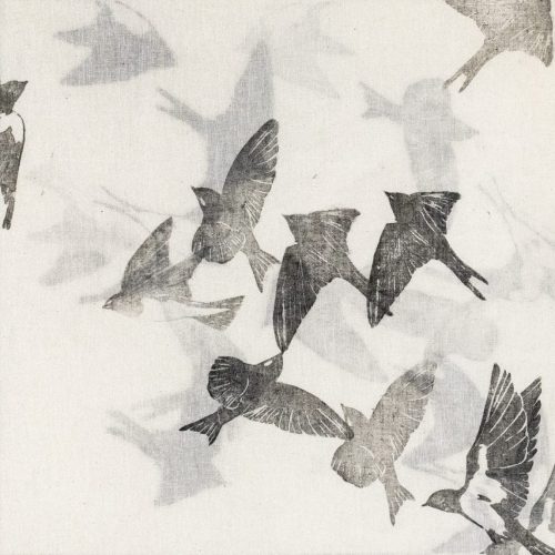 Asako Hishiki, RONDINI MIGRATRICI #4, 2023, 40×40 cm, xilografia su tessuto, plexiglass (TGart-78)